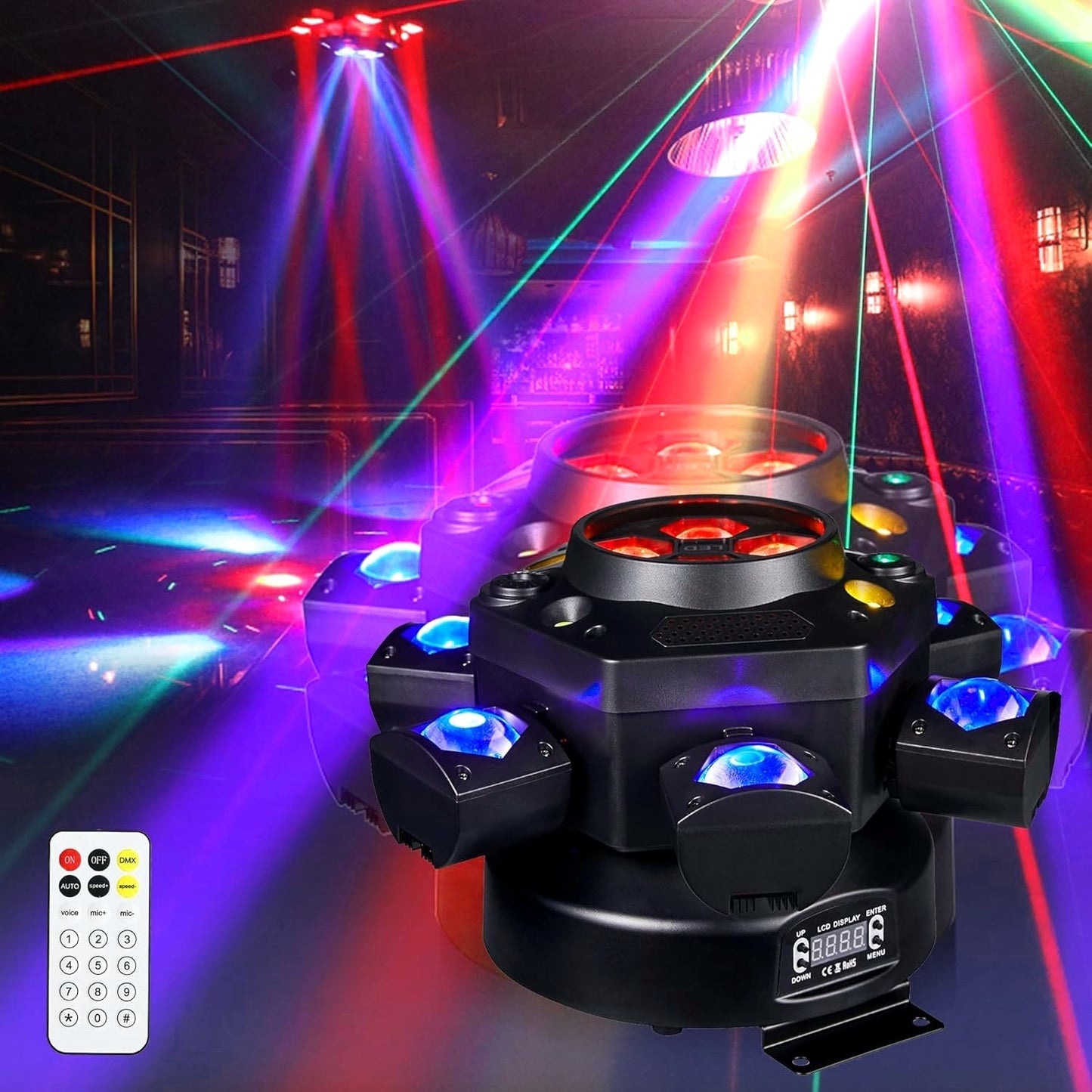 150W RGBW 4-in-1 Moving Head DJ Light with 6 Arms, Remote Control, DMX512, Sound-Activated Rotating Stage Light for Wedding, Club, KTV, Bar, and Party